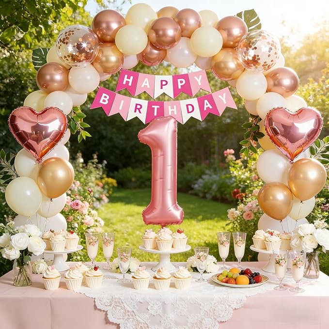 1st Birthday Decorations for Baby Girl, Retro Blush and Hot Pink Party Supplies Set with Happy One Banner, Rose Gold Number 1 Balloon and Foil Fringe Curtains, 1 Year Old Celebration Kit