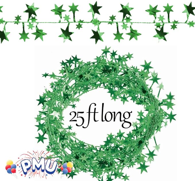PMU 300 Ft Star Wire Shiny Garland Green - Halloween, Christmas Party, Wedding, Birthday, Festive Home Decoration Ornament Green (12pc-25Ft Each)