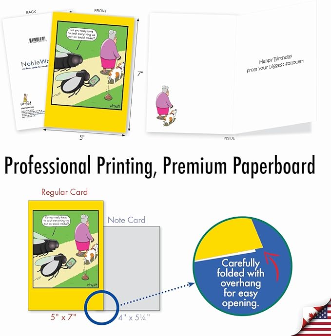 NobleWorks - 1 Hilarious Greeting Card for Birthday - Funny Birthday Cartoon, Comic Notecard - Fly Post C2451BDG
