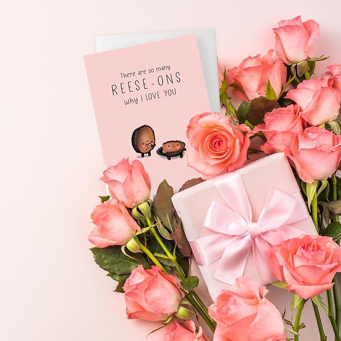 Anniversary Card Mothers Day Birthday for Mom Dad Wife Husband Girlfriend Boyfriend Stepmom Aunt Parents – Cute Funny Punny Greeting Card for Fathers Day – Blank Inside (Reese-ons why I love you - chocolate)