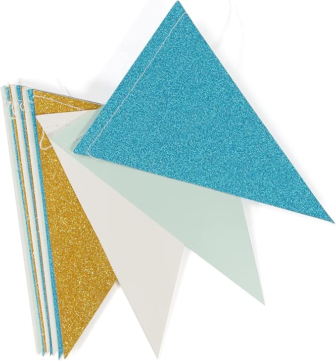 Teal-Blue Mint Ivory-Gold Party-Decorations Banner,2 Pack Glitter Paper Triangle Pennant Flags Streamers,Birthday Wedding Engagement Bridal Baby Shower Bachelorette Decor Bunting Lasting Surprise
