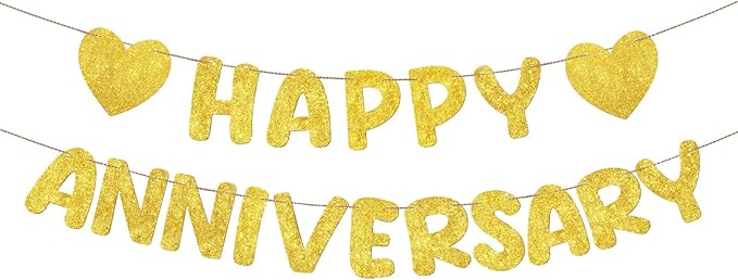 Fulmoon Happy Anniversary Banner Glitter Happy Anniversary Decorations Wedding Party Banner Romantic Decorations No DIY Pre-strung for Wedding Party Birthday Door(Gold)