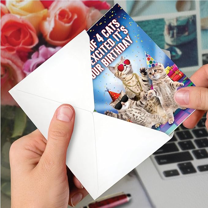 NobleWorks - 1 Happy Birthday Card with Funny Animals - Wildlife and Pet Humor, Fun Birthday Celebration Notecard - Excited Cats C3525BDG