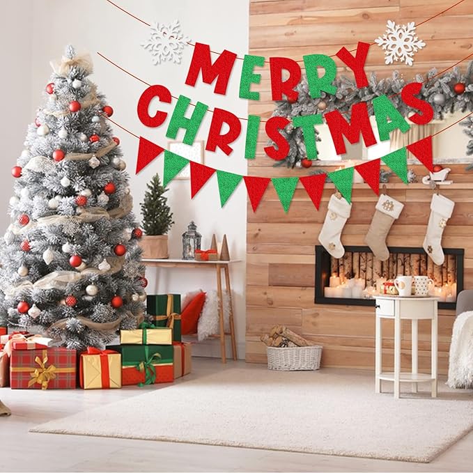 Merry Christmas Banner Red Green Glitter,Christmas Pennant Banner Triangle Flag,Christmas Party Decorations,Xmas Decorations,Xmas Home Office Party Fireplace Mantel Decorations