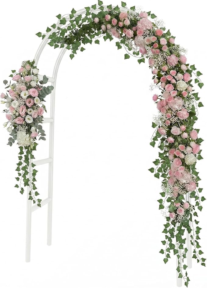 RUBFAC 7.8ft Metal Wedding Arch Frame, White Garden Trellis for Climbing Plants Outdoor, Garden Arbors and Arches Party Archway for Flower Rose Vines Birthday Bridal Christmas Decoration