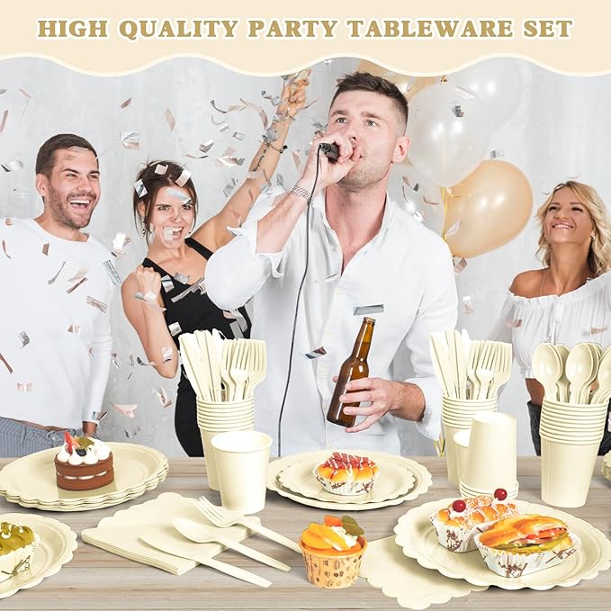 Vyntra 350 Pcs Ivory Disposable Paper Plates and Napkins Set for 50, 9" Dinner Plates & 7" Dessert Plates, Tableware for Wedding, Bridal Shower, Anniversary, Party