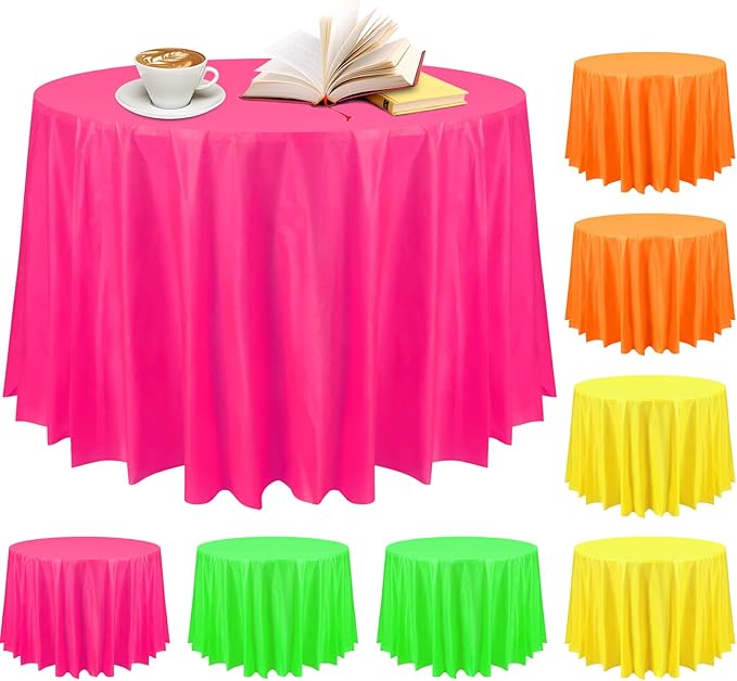 Preboun 84 Inch Large Neon Tablecloth Disposable Plastic Round Party Table Cover Decor Assorted Color Tablecloth Circle Table Cover for Wedding Birthday Picnic Tea Party Decor(Vivid Color,8 Pack)
