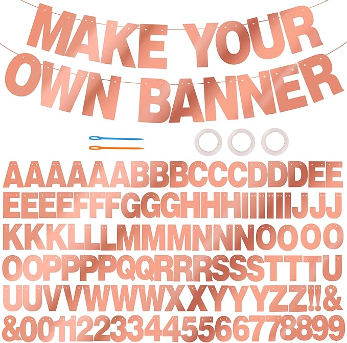 BEISHIDA 116 PCS A-Z DIY Letter Banner Kit Make Your Own Banner Double-Sided Rose Gold Including 111 Letters and Numbers 3 Rope and 9 Threading Device,Customized for Birthday Graduation Wedding Decor
