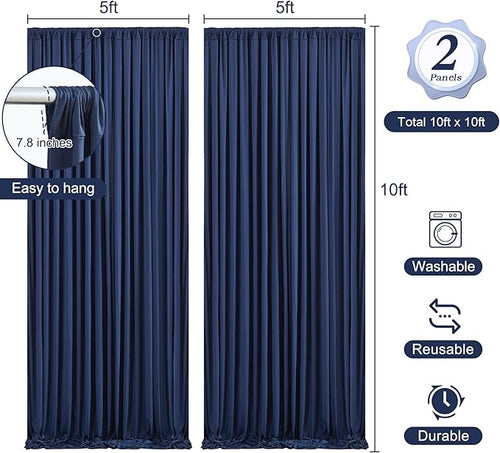 10 x 10ft Navy Blue Backdrop Curtains with Lights String for Wedding Polyester Photo Backdrop Drapes Wrinkle Free White Curtains Backdrop for Birthday Parties Reception Baby Shower Ceremony, 2 Panels
