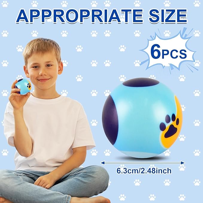 6 PCS Blue Dog Paw Stress Balls for Kids Party Favors, 2.48 Inch Anxiety Relief Fidget Sensory Toys, Blue Dog Paw Theme Squeeze Toys Bulk for Birthday Goodie Bags, Carnival Gifts & Classroom Prizes