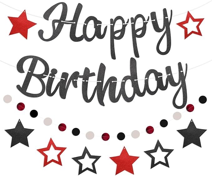 Pre-Strung Happy Birthday Banner, NO DIY Birthday Decorations with Circle Dot Garland，Happy Birthday Party Decorations for Women Men Girls Boys (Red Black)