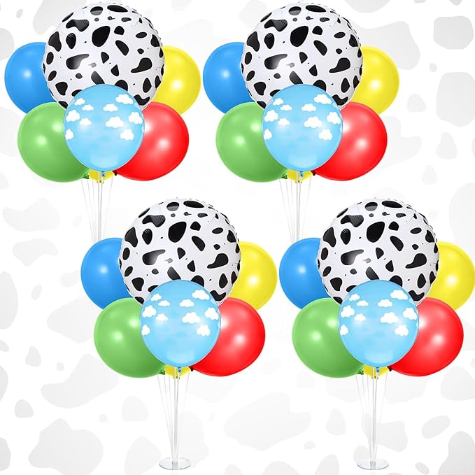 4 Sets Cartoon Birthday Party Decorations Table Centerpiece Red Yellow Blue Green Balloon Stand Kit with Cloud Cow Print Foil and Latex Balloon for Baby Shower Farm Animals Wedding Supplies