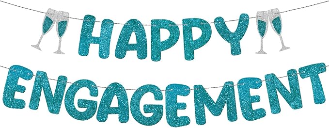 Breling Pre Strung Happy Engagement Banner Glitter Engagement Party Decorations for Congratulations Engaged Wedding Shower Signs Decor(Teal)