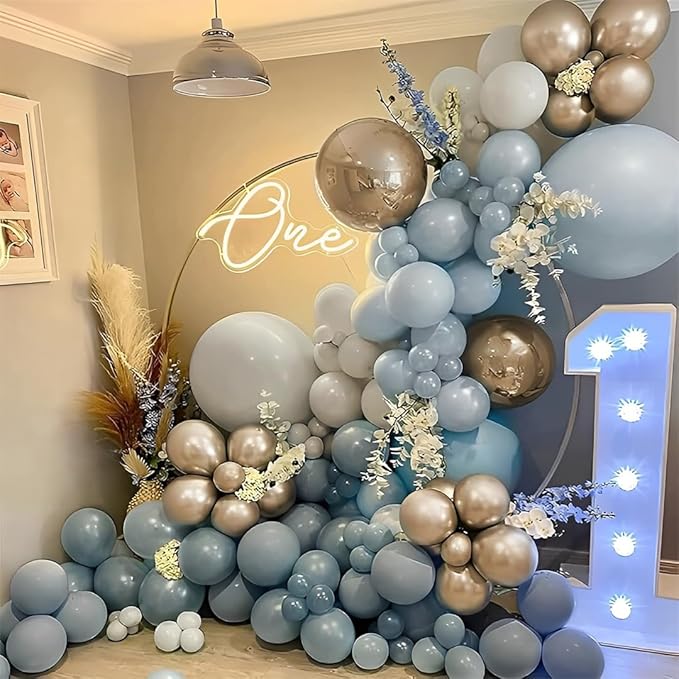 Dusty Blue and Gold Party Balloons, 50pcs 12 Inch Dusty Blue Balloons Sand White Champagne Gold Latex Balloon for Adult Party Anniversary Wedding Bridel Party Decorations