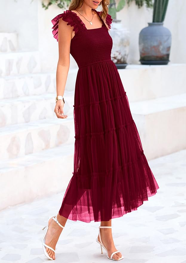 PRETTYGARDEN Women's Summer Tulle Midi Dress Sleeveless Smocked Ruffle Flowy Mesh Dresses Party Wedding Guest Sundress