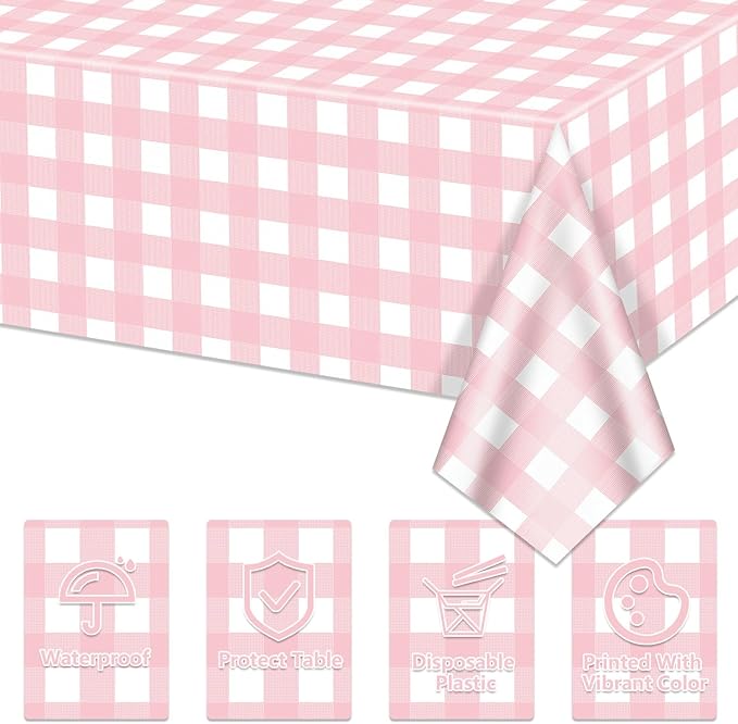 4 Pack Pink Gingham Tablecloths, Pink and White Checkered Tablecloths 86.6 x 51.2 Inches Gingham Table Covers Rectangular Waterproof Picnic Table Covers for Birthday Party Holiday Outdoor Supplies