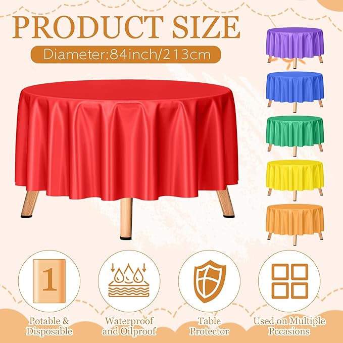 mwellewm 6Pcs Round Tablecloth Plastic Table Cloth Disposable Assorted Color Rainbow Colorful Neon Table Cover Candyland Decorations for Birthday Christmas Graduation Fiesta Party Picnic(84 Inch)