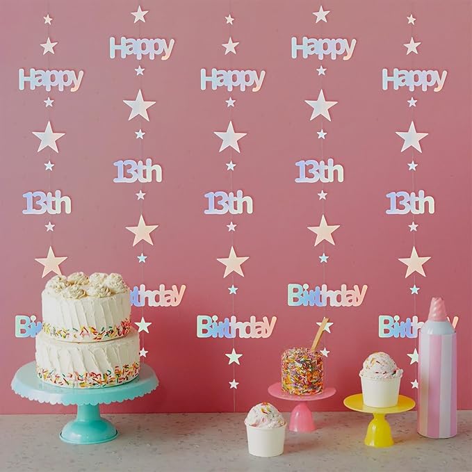 13th Birthday Decorations for Girls Iridescent Metallic Twinkle Star Garlands Sign Hanging Swirls Streamer 13 Year Old Official Teenager Happy Birthday Banner Thirteen Party Decor