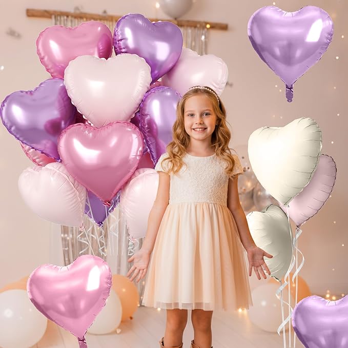 Pink Purple Heart Balloons, 10 Pcs Light Pink and Purple Heart Shaped Balloon, 18 Inch Pastel Foil Balloons for Girls Women Butterfly Brithday Bridal Baby Shower Wedding Valentines Party Decoration