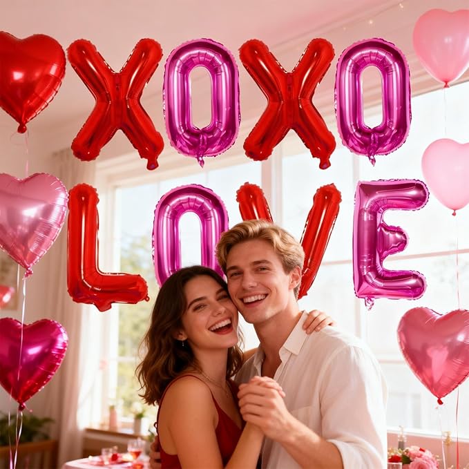 Red Pink XOXO Balloons and Love Balloon, 16 Inch Valentines Day Hot Pink Red XO Love Foil Letters Balloon Banner for Romantic Valentine Galentines Anniversary Bridal Shower Engagement Party Decoration