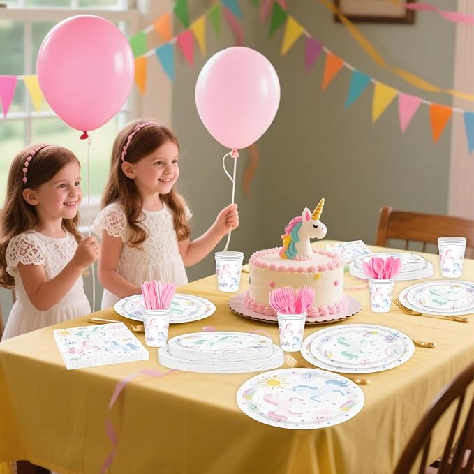 Unicorn Birthday Party Supplies for 24 Guests, Magical Pastel Theme Tableware Set Includes Disposable Paper Plates, Napkins, Cups, Cutlery, Unicorn Birthday Decorations for Girls
