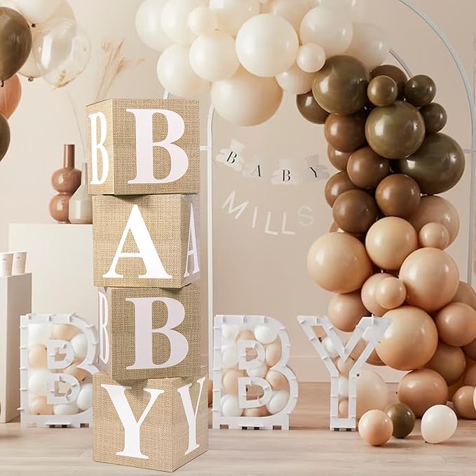 Baby Boxes with Letters for Baby Shower, 4pcs Balloon Boxes with Printed Letters for Gender Reveal Birthday Wedding Baby Shower Decorations(Burlap)