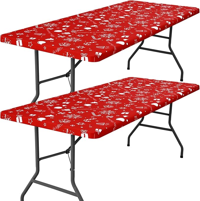 Smiry 2 Pack Rectangle Christmas Table Cloth, Waterproof Elastic Fitted Tablecloths, Washable Polyester Rectangular Patio Table Cover for Christmas Dinner (Snowflower, 30"x96")
