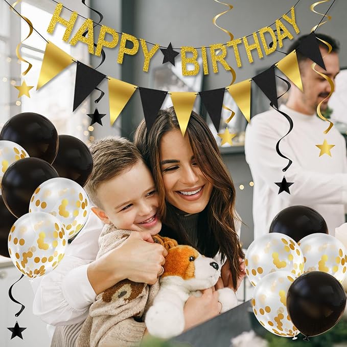 Happy Birthday Banner - Gold Birthday Banner with Garland, Balloons and Hanging Swirls for Party Decorations