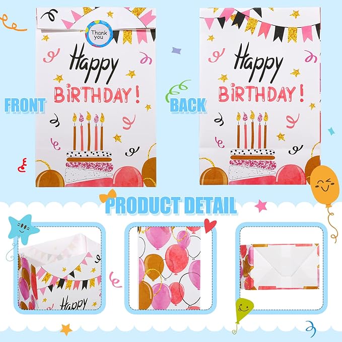 Chrisfall 24 Pieces Birthday Gift Bag Birthday Party Favor Gift Bags Goodie Bags with Seal Stickers Birthday Party Candy Bags Party Supplies
