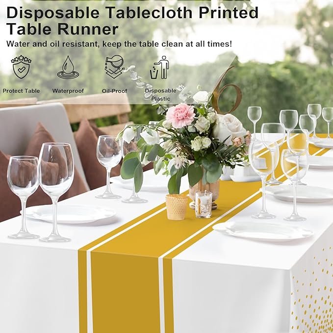6 Pack White and Gold Tablecloth Party Decorations Plastic White Tablecloth Printed Gold Table Runner 54 x108 Inch Disposable Rectangle Table Cover for Birthday Wedding Graduation