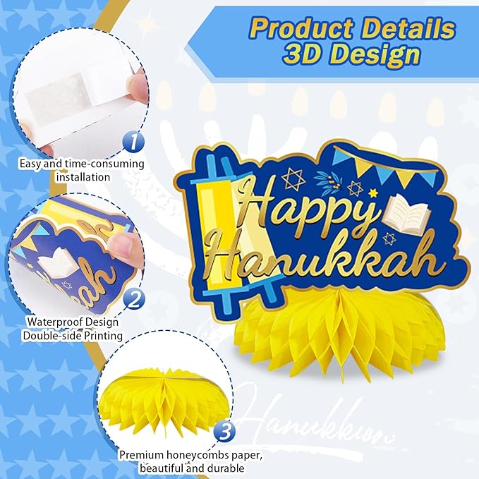 JULMELON 8PCS Hanukkah Table Decorations Honeycomb Centerpiece, Chanukah Decor Dreidel Menorah Table Toppers Happy Hanukkah Decorations for Home Party Favors Supplies