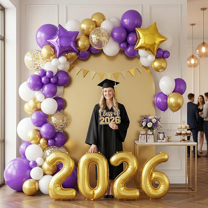 Purple Gold White Balloons Arch Kit, Purple White Balloons with Star Balloon Pennant Flag Bunting 2026 Foil Balloon Banner, Gold Confetti Balloon Garland for Class of 2026 Graduation Theme Party