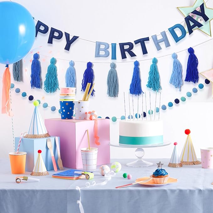 Pre-Strung Happy Birthday Banner Felt Ball Garland Banner Sign for Blue Birthday Party Decorations Blue Dog Party Decor