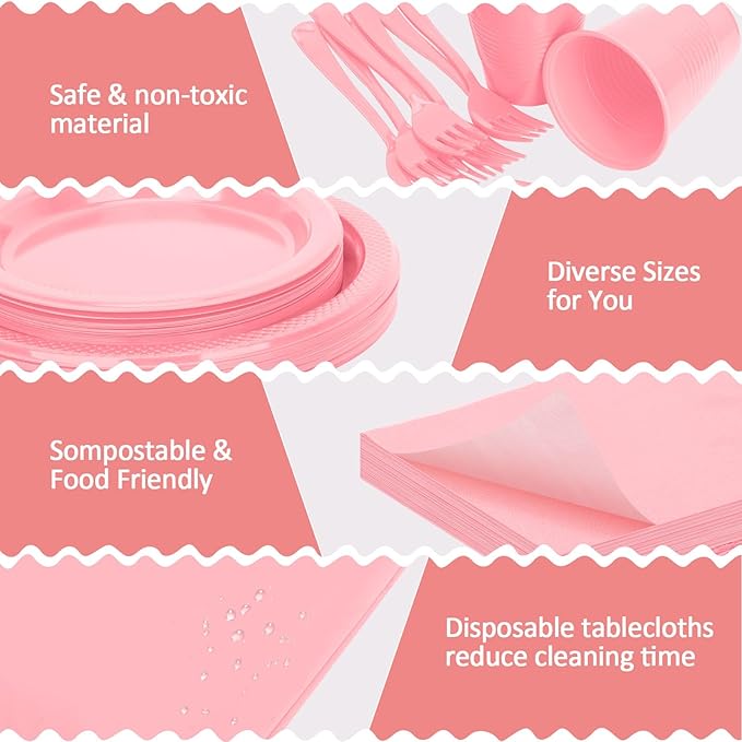 Pink Plastic Plates for Party,100 Guest Disposable Plastic Plate Set 9" Plates,7" Dessert Plates,Napkins,Cups,Forks & Tablecloth for Birthday,Wedding,Baby Shower,Girlfriends Tea Party