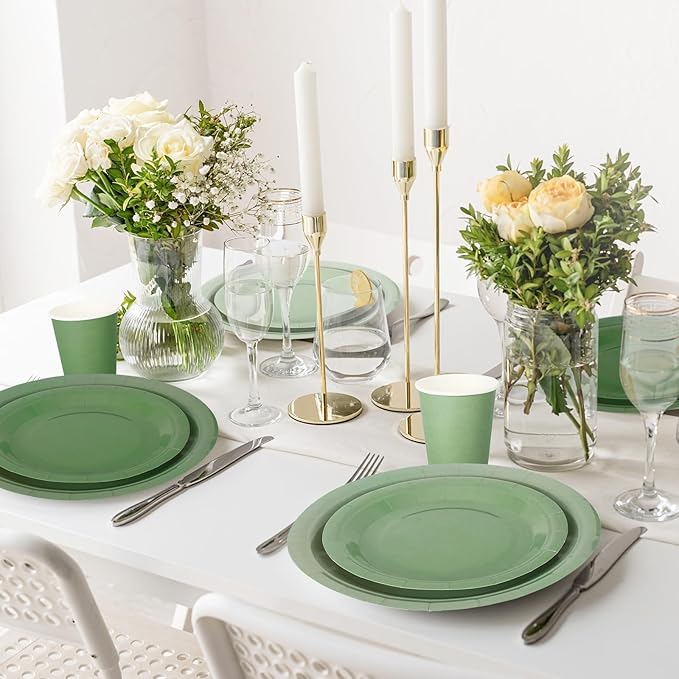 Whaline 244Pcs Sage Green Tableware Set Serves 48 Gradient Green Disposable Dinnerware 48 9" Plates 48 7" Plate 48 9oz Cups 100 Napkins for Wedding Birthday Party Supplies
