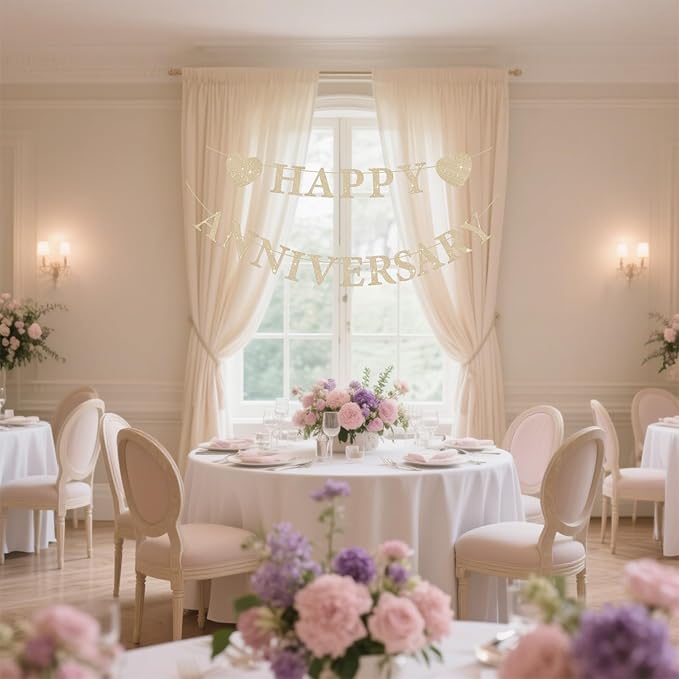 Pre-Strung Wedding Anniversary Decorations Romantic, Gold Glitter Happy Anniversary Banner, Couples Shower Decorations for Happy Wedding Reception Day Bridal Shower Party