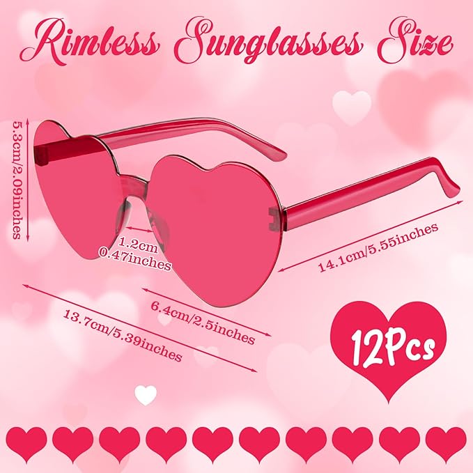 PLULON Heart Sunglasses for Women 5/12/25 Pcs, Heart Glasses Valentine Day Rimless Shaped Candy Color Fun Glasses Party Favor