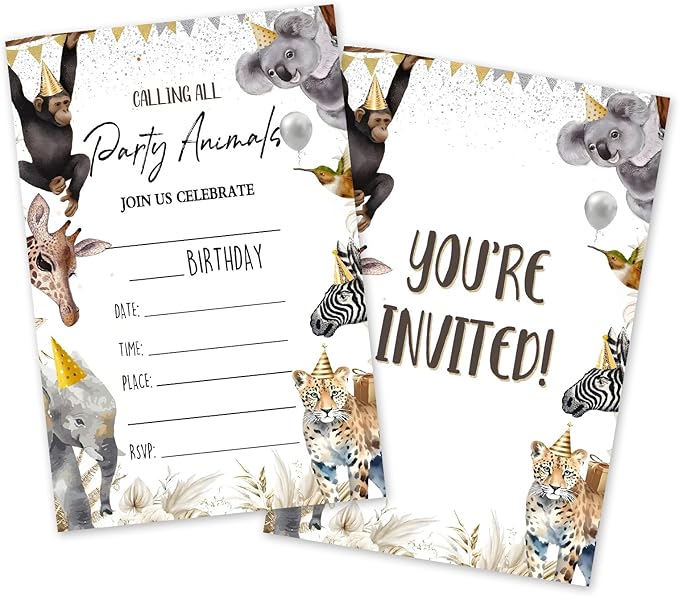 Jungle Animals Birthday Invitations, 25 Calling All Party Animals Invites Cards with Envelopes, Double-Sided Fillable, Birthday Invitations for Teens Adults, Birthday Party Supplies (4 x 6 Inch) -A08
