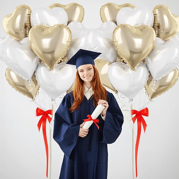 Gold White Foil Heart Balloons, 18 Inch 10 Pcs Pastel Yellow White Foil Heart Shape Balloons Large Light Yellow and White Heart Balloons for Birthday Wedding Graduation Baby Party Valentines