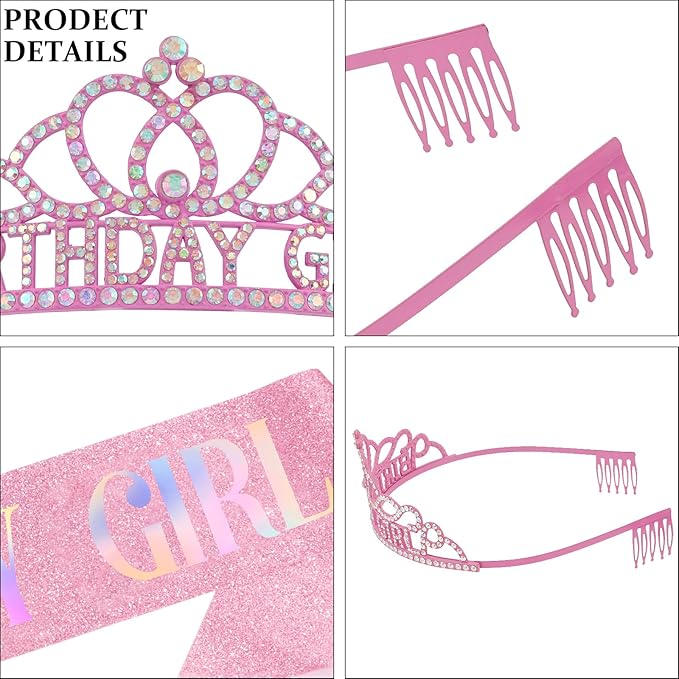 Chanaco Birthday Crown for Women, Birthday Sash and Crowns for Girls, Glitter Tiara and Sashes Kit, Rhinestone Hair Accessories “BIRTHDAY GIRL” Sash for Party Favors