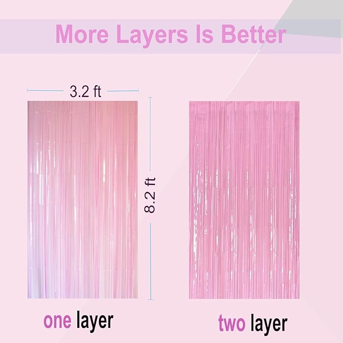 Light Pink Birthday Decorations - 4 Pack of 3.2x8.2ft Pink Foil Fringe Curtains Streamers Backdrop for Birthday Valentines Party Decoration