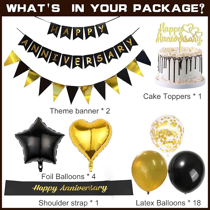 Happy Anniversary Decorations Kit - 26 Pcs Black Gold Birthday Banner Supplies Cake Topper Foil Latex Ballons Glitter Shoulder Strap Decor for Men and Women Wedding Party Decoration