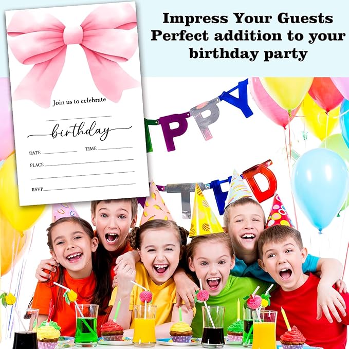 Pink Bow Birthday Invitation Cards For Girls Adult Teens, Birthday Party Supplies Favors, 20 Fill-In Invitation Cards with Envelopes -03
