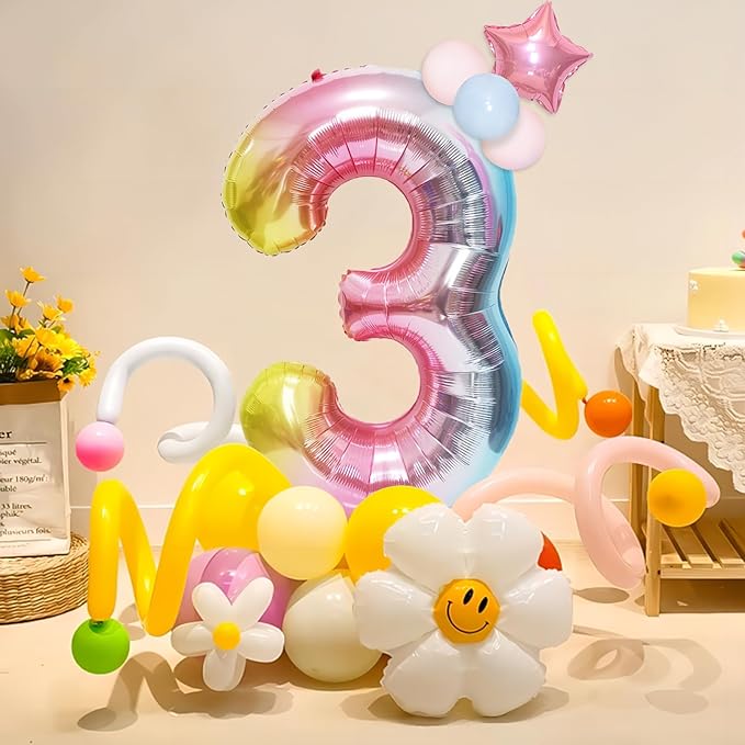 40 Inch Giant Rainbow Number 3 Balloons, Birthday Balloons, Helium Mylar Foil Big Number Balloons for Birthday Party Decorations, Kids' Birthday Anniversary Party Baby Shower Unicorn Parties