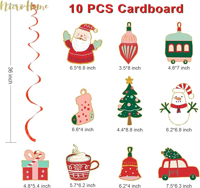 Christmas Decorations, 30 PCS Hanging Swirls Ceiling Decorations with Santa Claus, Snowman, Christmas Tree and Stocking Elements for Xmas Holiday Party Supplies