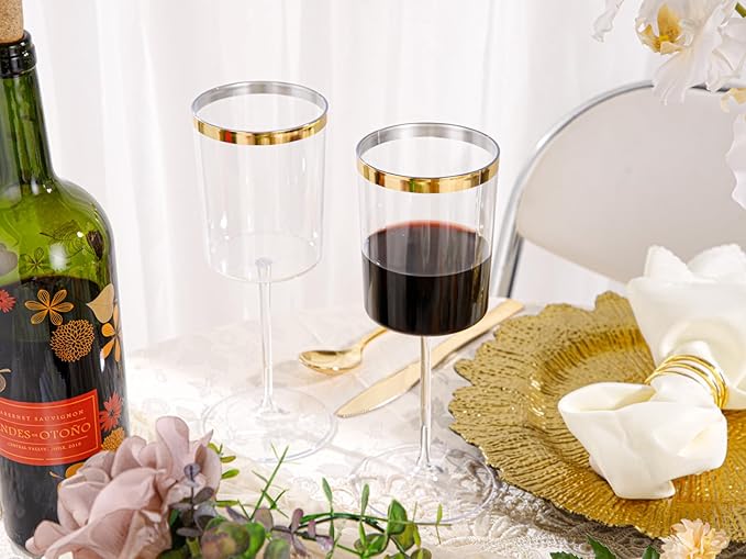 Ciaell 12 Pack Plastic Wine Glasses - 14 Oz Plastic Wine Glasses with Stem - Square Gold Disposable Stemmed Glass for Parties & Weddings & Outdoors