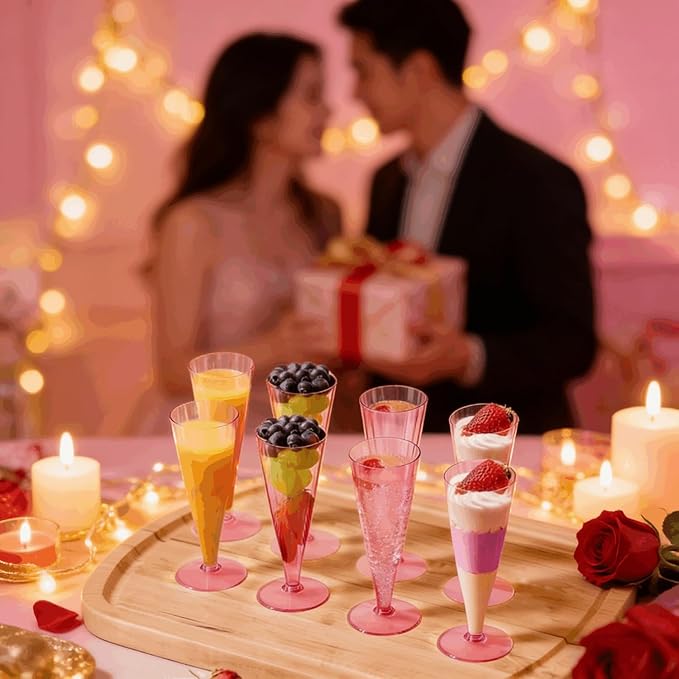 40 Pack Pink Plastic Champagne Flutes Disposable Wine Glasses, 4.5 Oz Clear Mimosa Cocktail Toasting Cups Bulk for 2026 New Year Eve Party Supplies Wedding Bride, Women's Day Decor