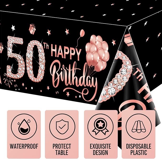 3 Pack Rose Gold Happy 50th Birthday Tablecloth Decorations - Fifty Years Old Plastic Disposable Rectangular Table Cover Party Supplies