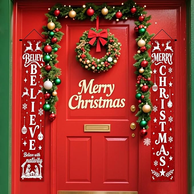 Nuxovilar Believe Merry Christmas Ornament Decor Polyester Banner 12x70.86 Inches Christmas Door Banner, Inspirational Decor for Church, Lounge, Festive Gatherings