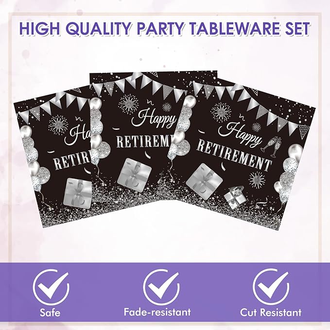 40PCS Happy Retirement Party Decorations Men Women,Black Silver Disposable Tableware Set Including Retirement Plates and Napkins for Women Men,Going Away Decor